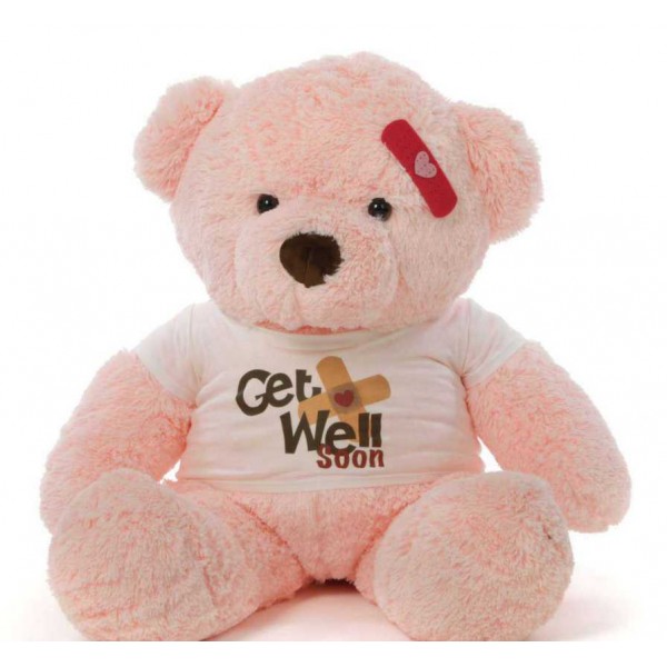 2 feet big pink teddy bear wearing a Get Well Soon T-shirt